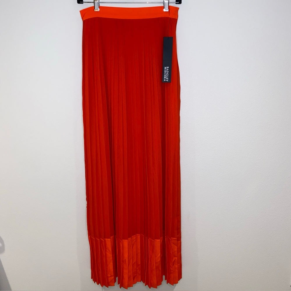 Badgley Mischka Orange Pleated Maxi‎ Skirt Size 2 Lined NWT